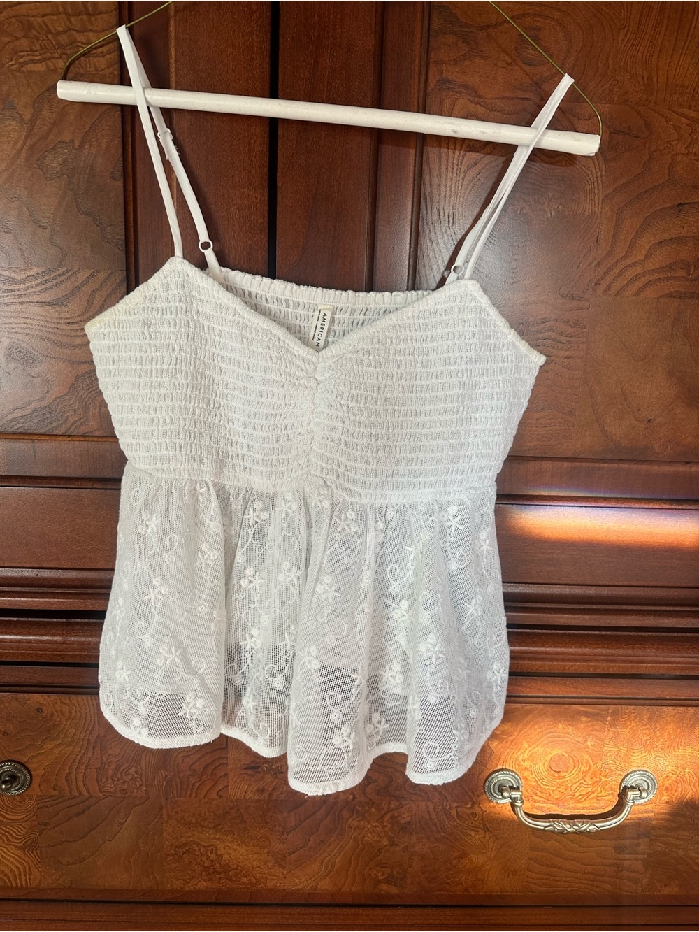 American Eagle Outfitters White Smocked Lace Peplum Cami